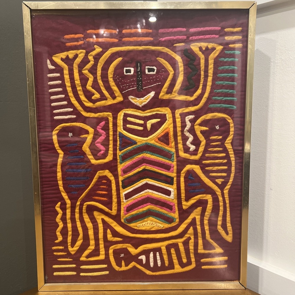Vintage Panama Kuna Mola Dancing Tribal Birds Animal Handmade 16"x112" Framed